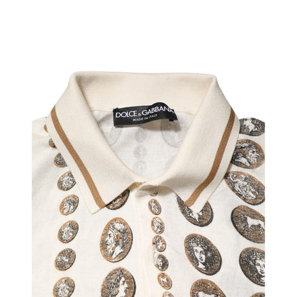 Dolce & Gabbana Silk Ivory Coin Print Logo Men Polo T-shirt