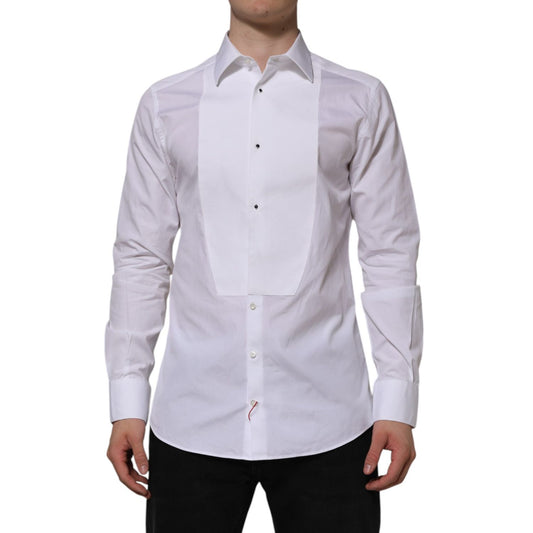 Dolce & Gabbana White Bib Cotton Popline GOLD Men Formal Shirt, classic neck, button down, long sleeves, slim fit, made in Italy.