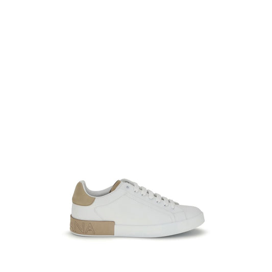 Dolce & Gabbana White Calf Leather Bos Taurus Low Top Sneakers with logo print, flat sole and lace-up design.
