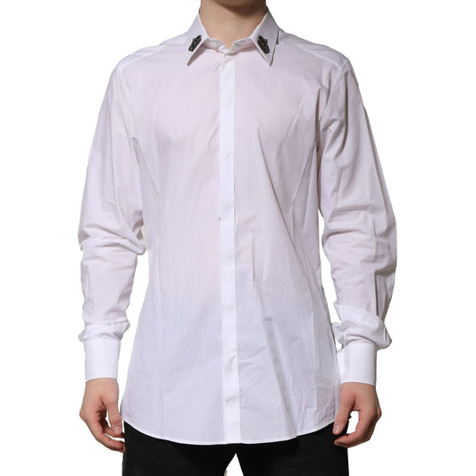 Dolce & Gabbana White Cotton Crown Collar GOLD Formal Shirt with embroidered crown details, luxury men's slim fit dress shirt.