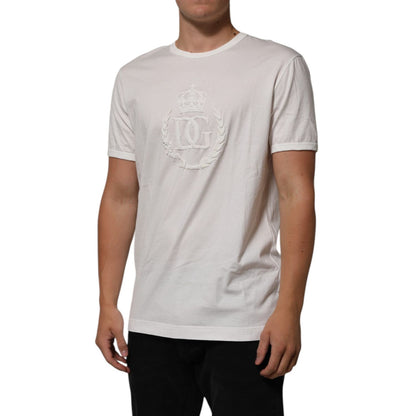 Dolce & Gabbana White Cotton DG Crown Embossed Men T-shirt