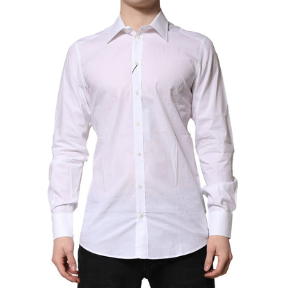 Dolce & Gabbana White Cotton GOLD Long Sleeves Formal Shirt, slim fit, button closure, made in Italy, featuring logo details.