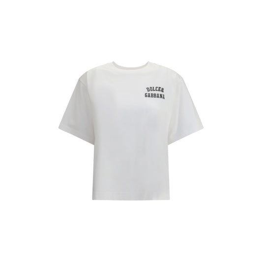 Dolce & Gabbana White Cotton T-Shirt with ribbed crew neck and logo patch on chest, showcasing casual style. 100% soft cotton.