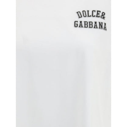 Dolce & Gabbana White Cotton T-Shirt with logo patch on chest; ribbed crew neck; 100% cotton; ideal for casual fashion, regular fit.