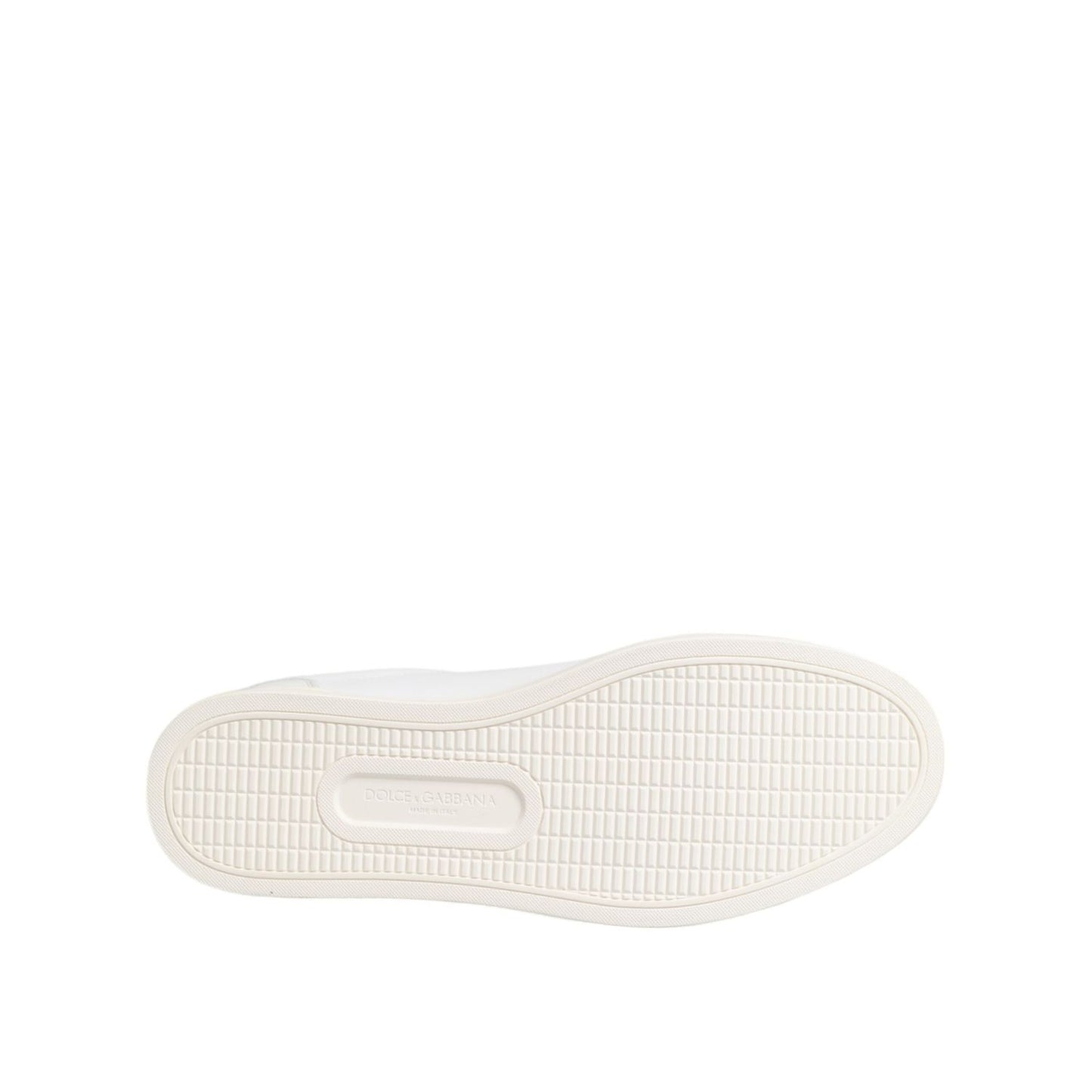 Sole view of Dolce & Gabbana White Crown Bee Leather Low Top Sneakers Shoes with rubber sole and logo detail, made in Italy.