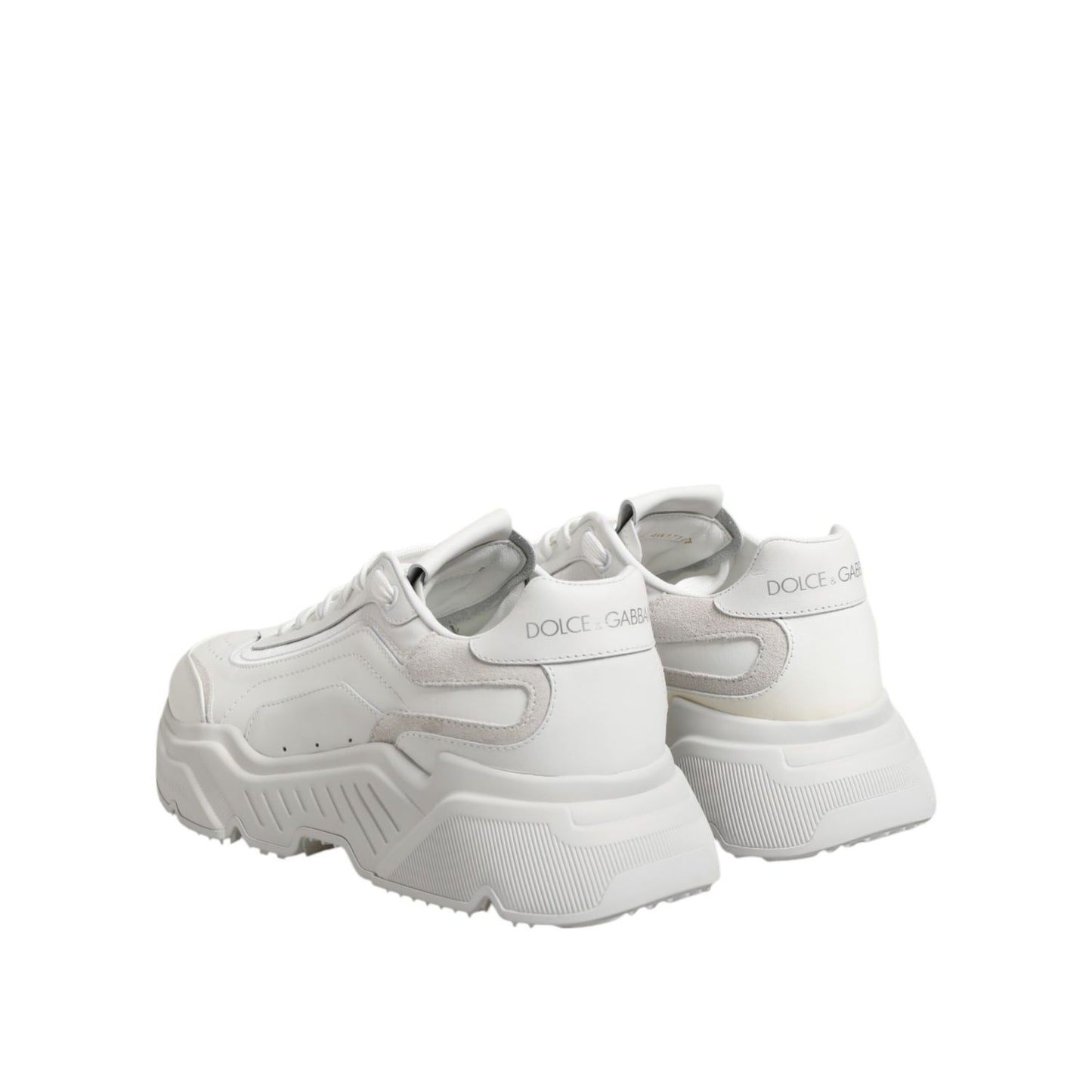 Dolce & Gabbana White Daymaster Low Top Men Sneakers Shoes with chunky rubber sole and signature branding, rear view.