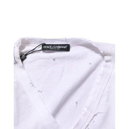 Dolce & Gabbana White Distressed Cotton V Neck Men T-shirt