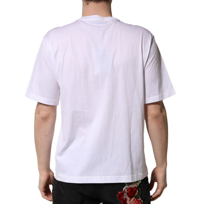 Back view of Dolce & Gabbana White Embellished Cotton Crew Neck T-shirt with short sleeves, made in Italy.