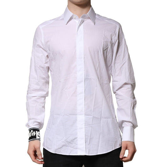Dolce & Gabbana White GOLD Cotton Men Dress Formal Shirt with classic neck, long sleeves, slim fit, and button closure, made in Italy.