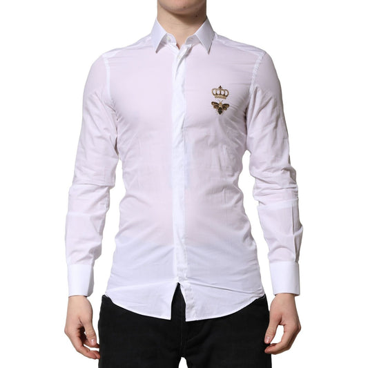 Men wearing Dolce & Gabbana White GOLD Crown Bee Men Dress Formal Shirt with button closure, logo details, slim fit, 100% cotton.
