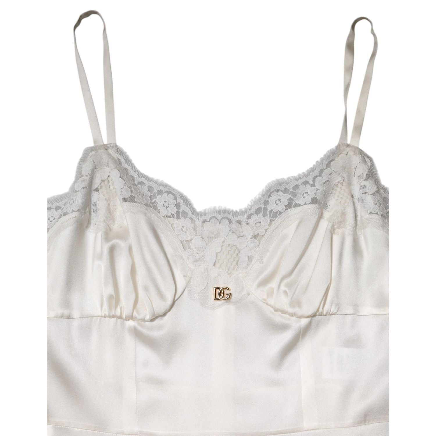 Dolce & Gabbana White Lace DG Logo Silk Dress Sleepwear