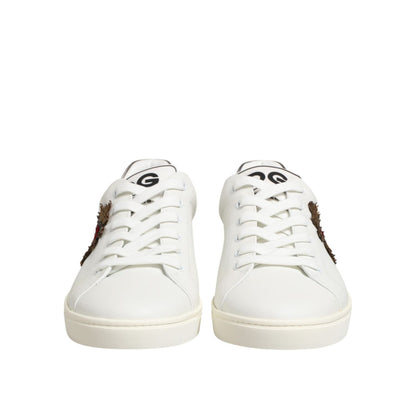 Dolce & Gabbana White Leather Heart Embellished Sneakers Shoes, front view on a white background.