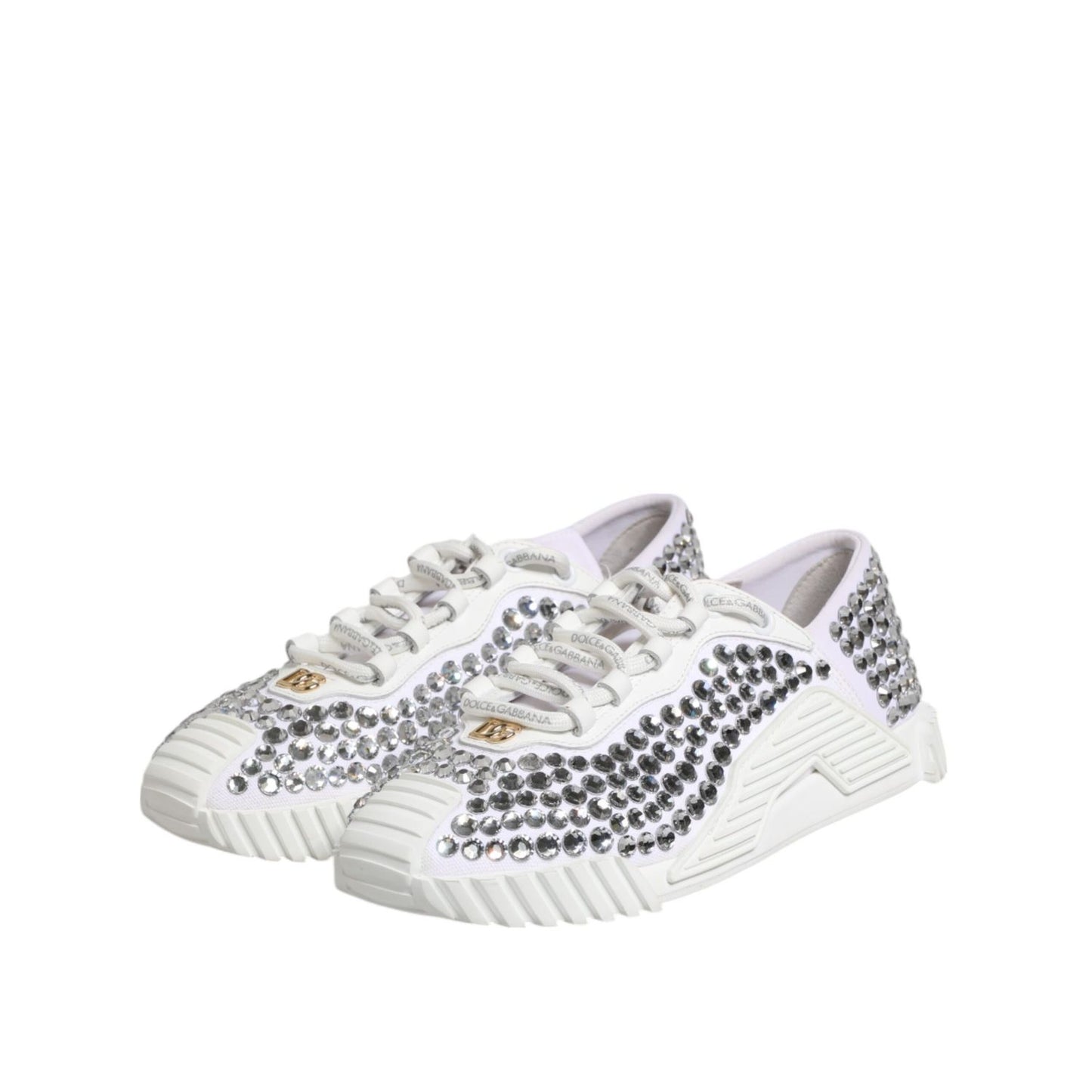 Dolce & Gabbana White NS1 Canvas Leather Embellished Sneakers Shoes