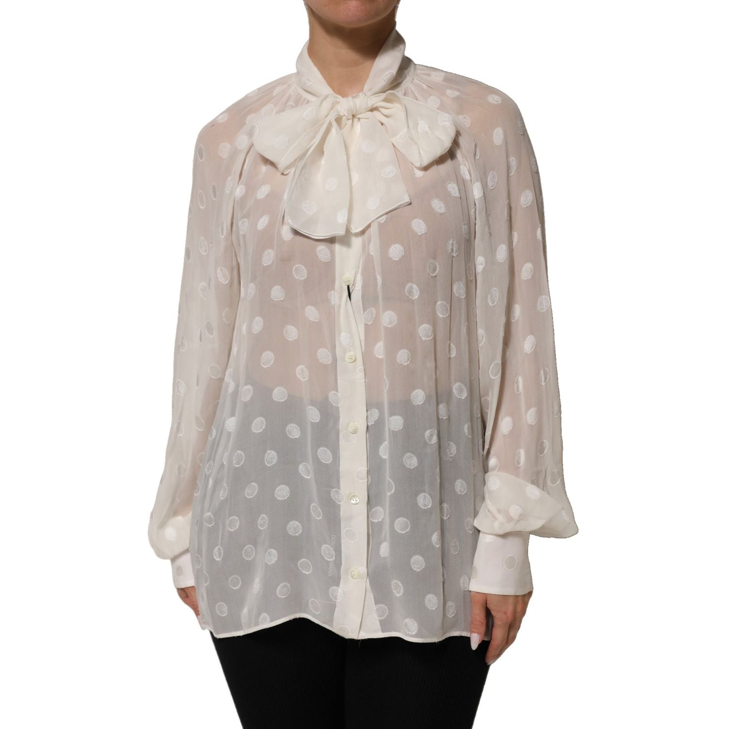 Dolce & Gabbana White Polka Sheer Silk Bow Tie Shirt Blouse Top