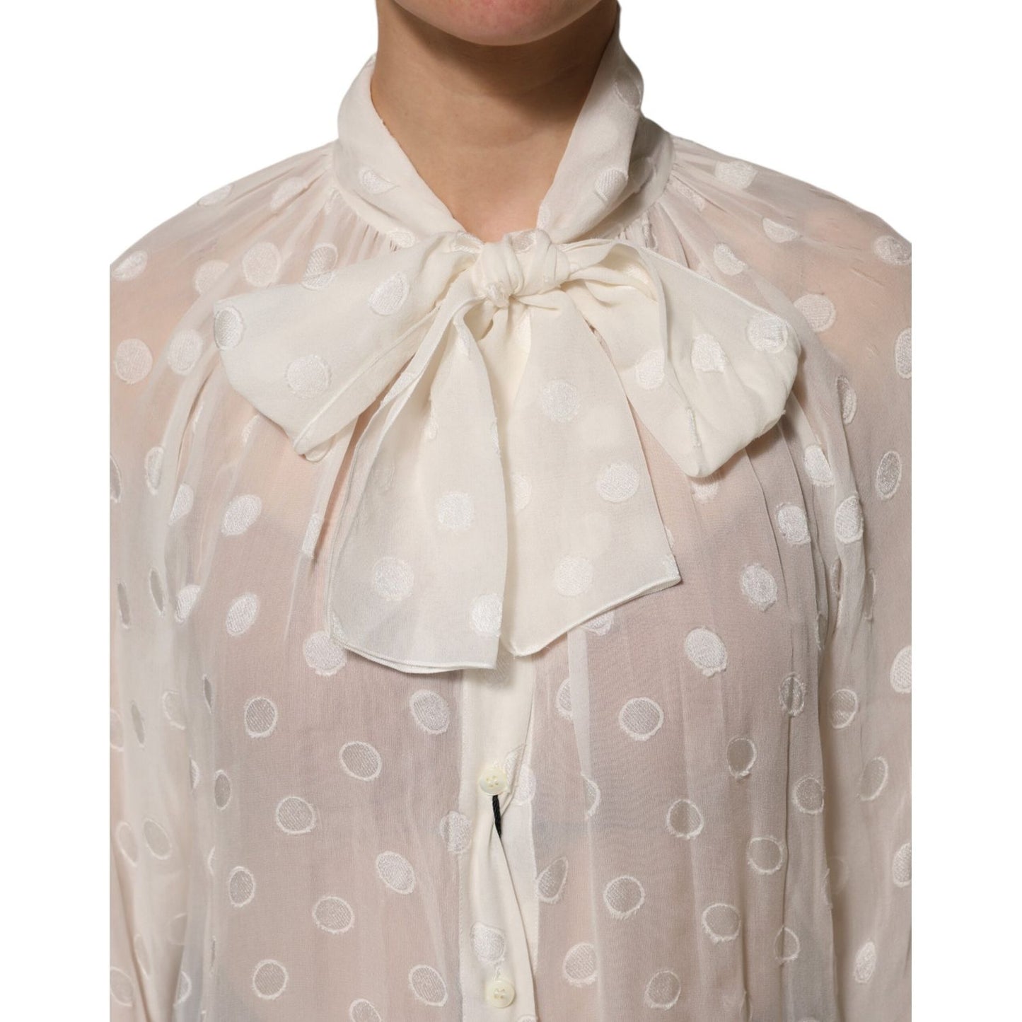 Dolce & Gabbana White Polka Sheer Silk Bow Tie Shirt Blouse Top