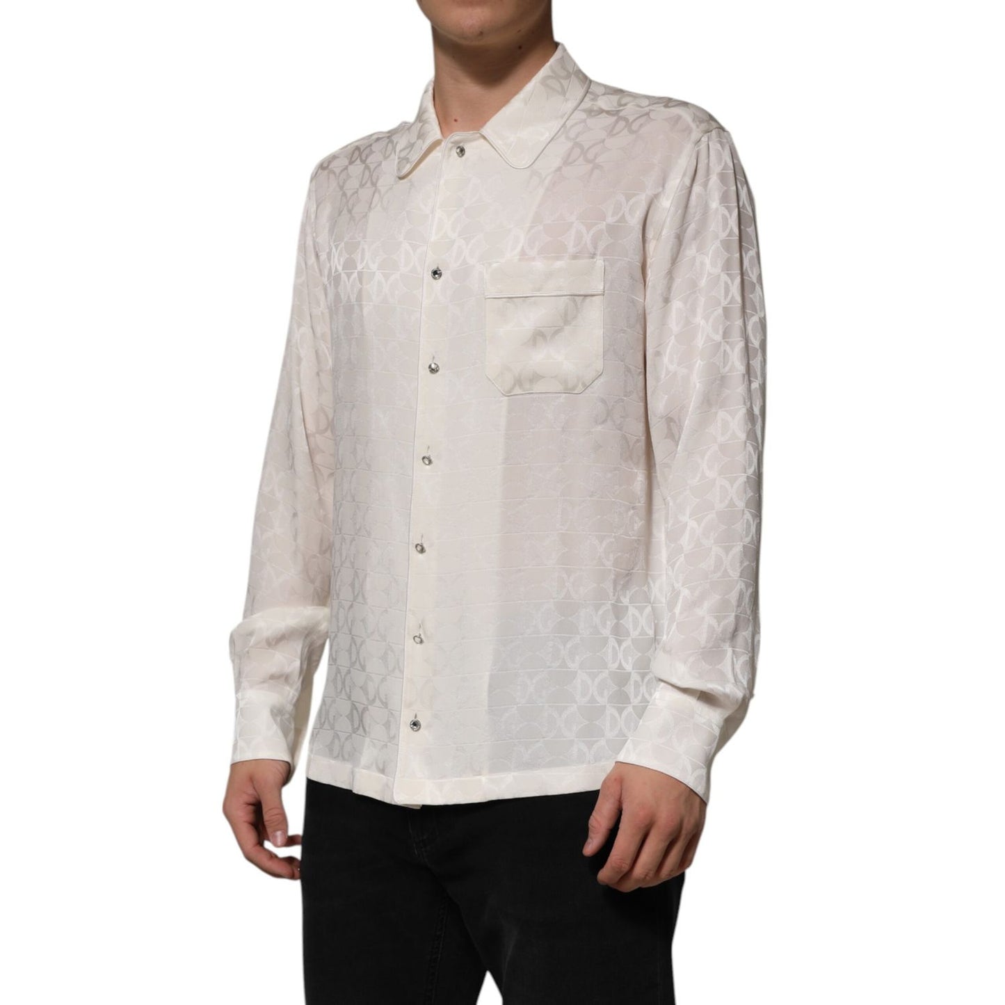 Dolce & Gabbana White Silk DG Logo Print Long Sleeves Shirt