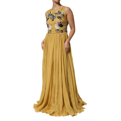 Dolce & Gabbana Yellow Silk Floral Embroidered Maxi Dress