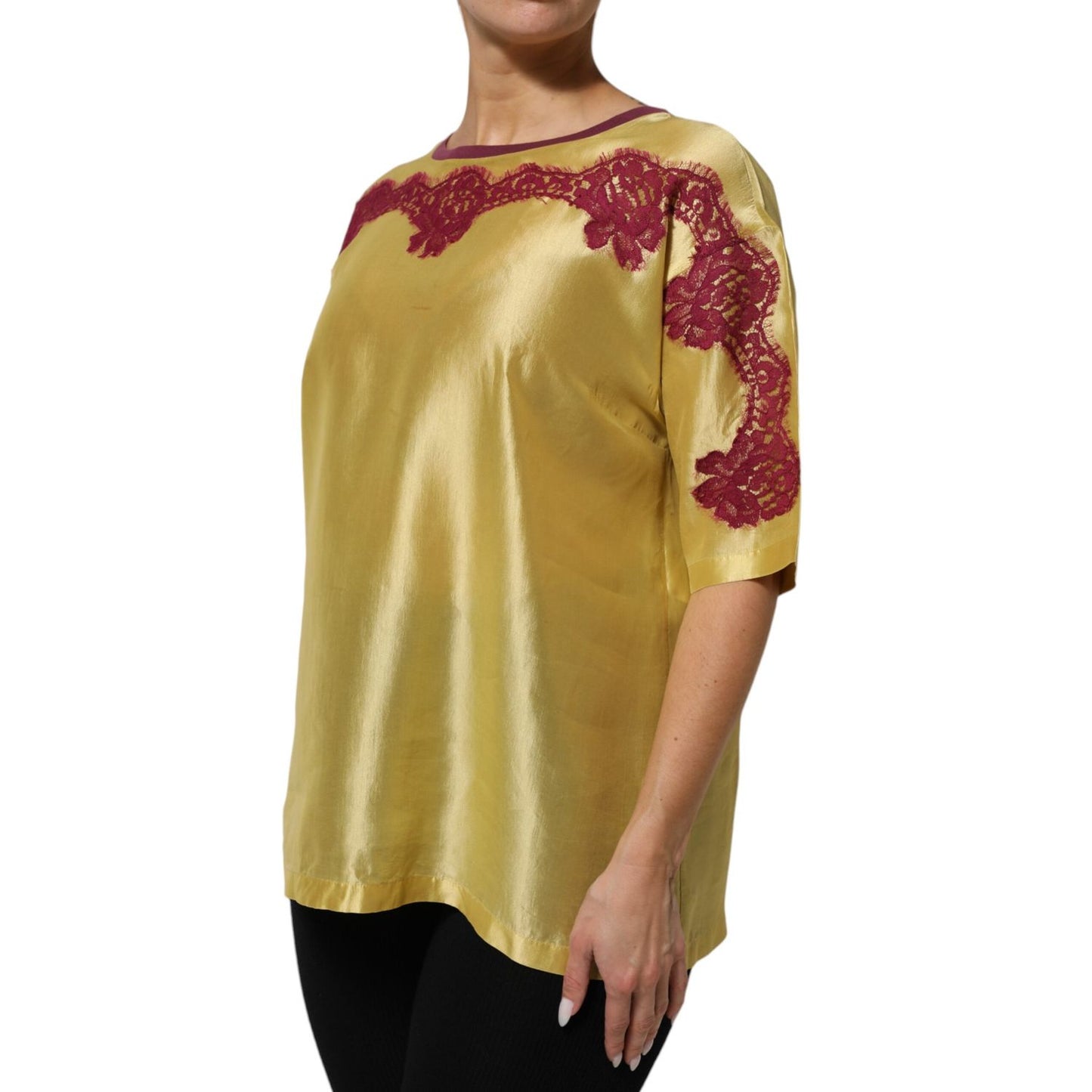 Dolce & Gabbana Yellow Silk Satin Floral Lace Short Sleeves Top Dolce & Gabbana