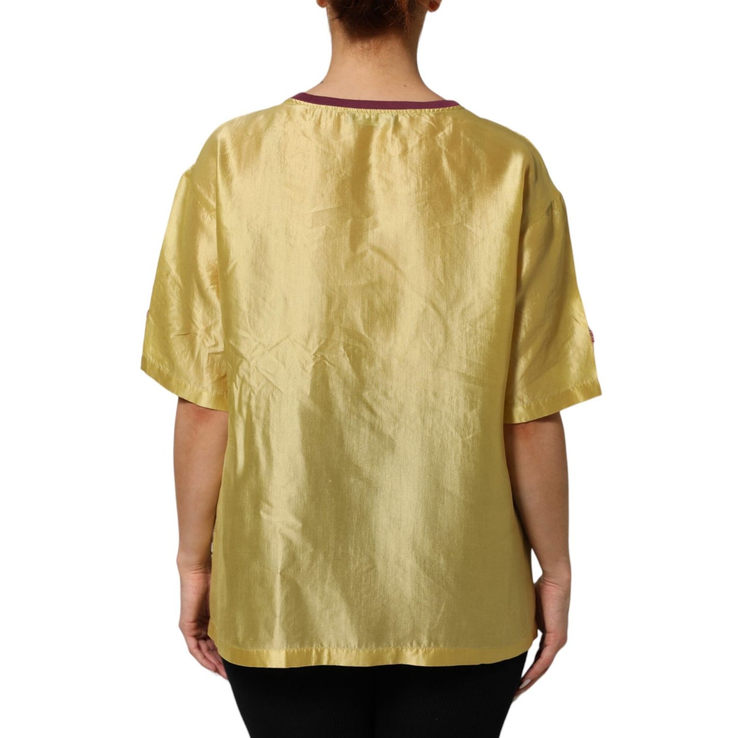 Dolce & Gabbana Yellow Silk Satin Floral Lace Short Sleeves Top Dolce & Gabbana