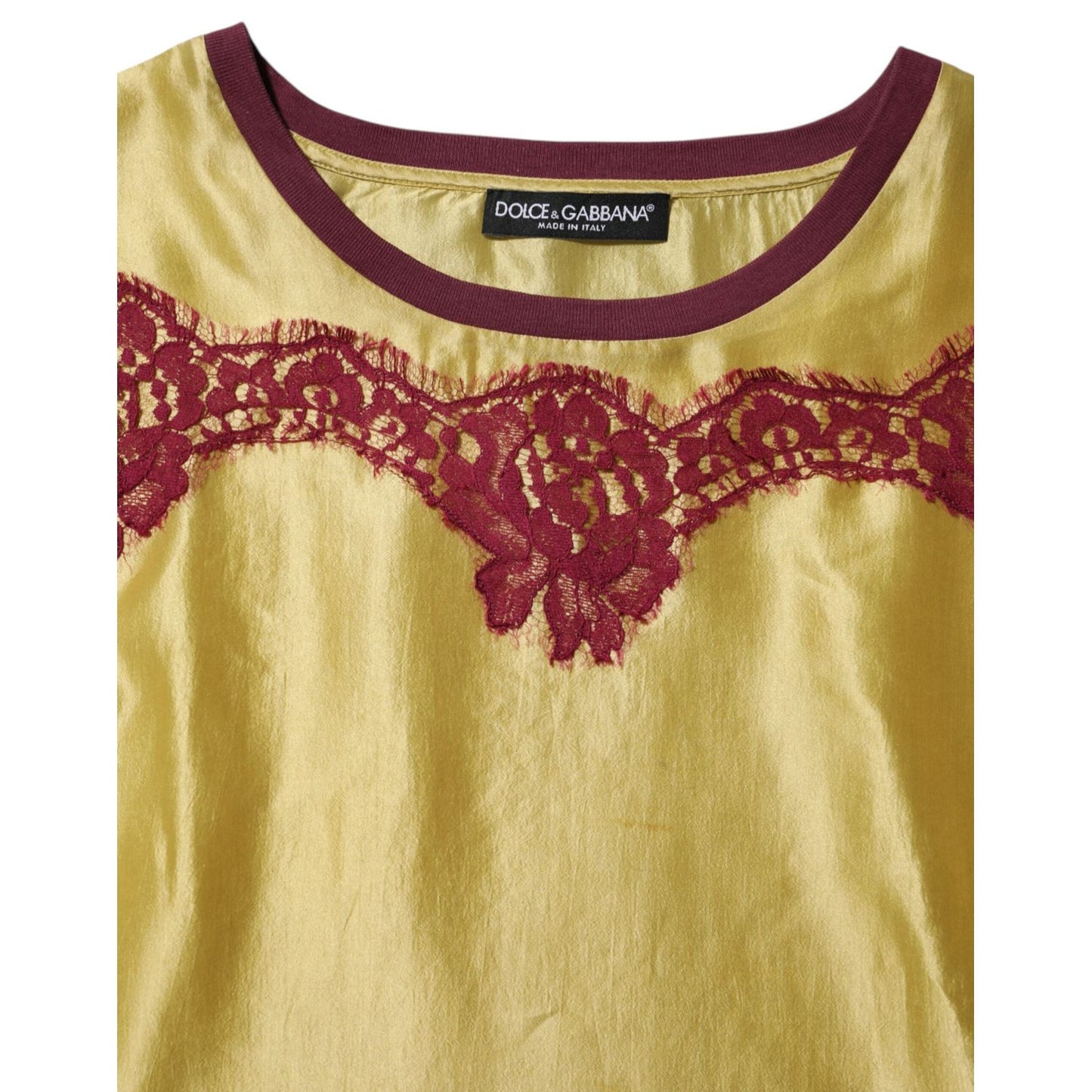 Dolce & Gabbana Yellow Silk Satin Floral Lace Short Sleeves Top Dolce & Gabbana
