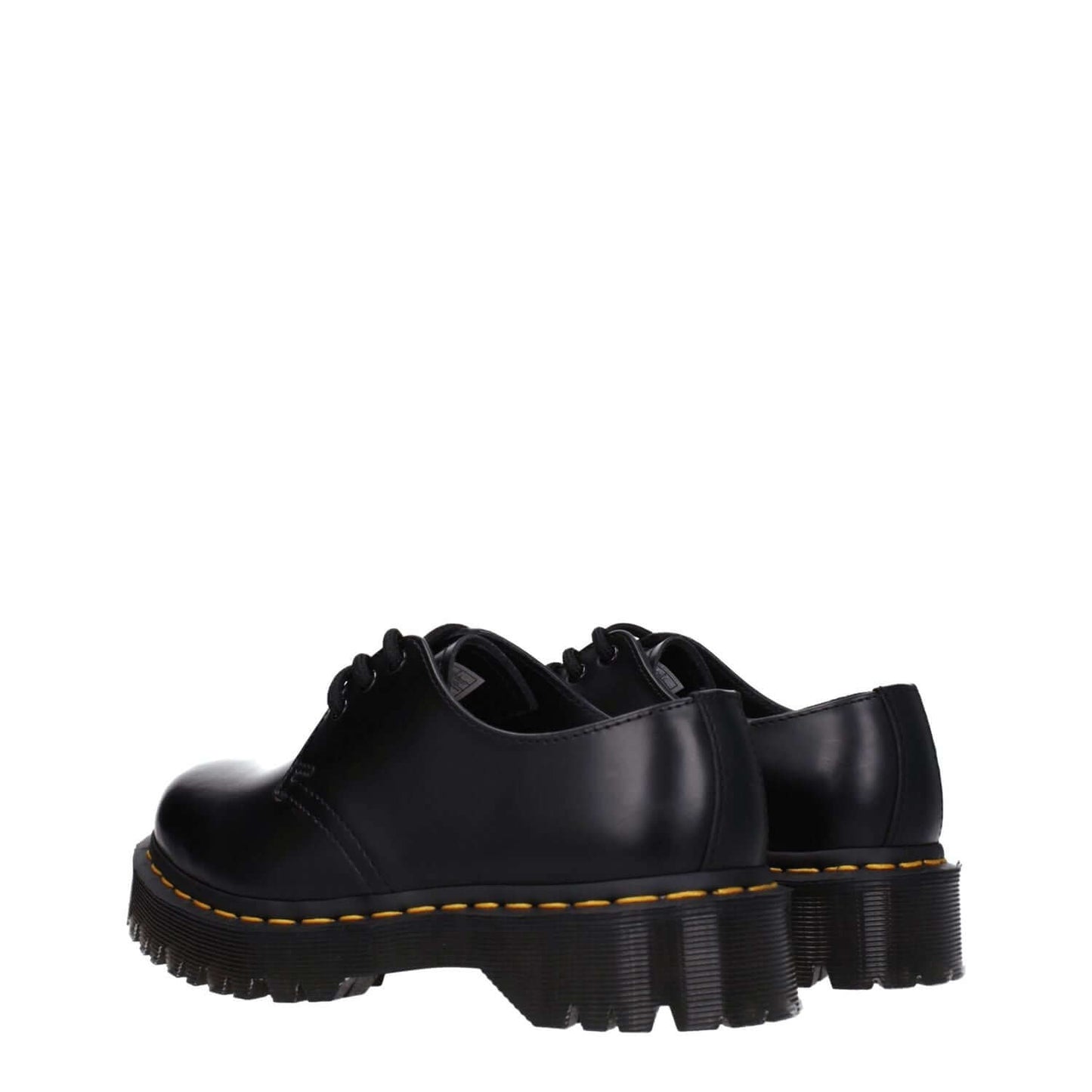 Dr. Martens Black Leather Oxfords And Derbies, lace-up casual shoes with rubber sole, mid heels, round toe design.