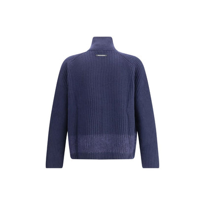 Back view of Dsquared² Blue Wool Cardigan with high collar and textured knit design, showcasing refined style and double slider zipper.