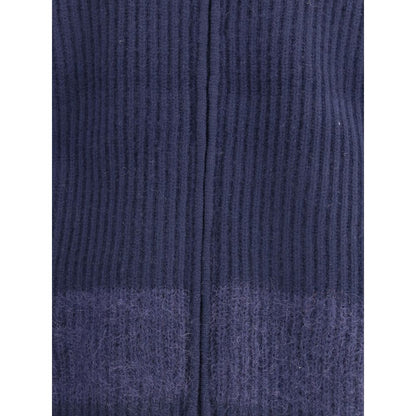 Close-up of ribbed knit texture on Dsquared² Blue Wool Cardigan with mohair band detail.