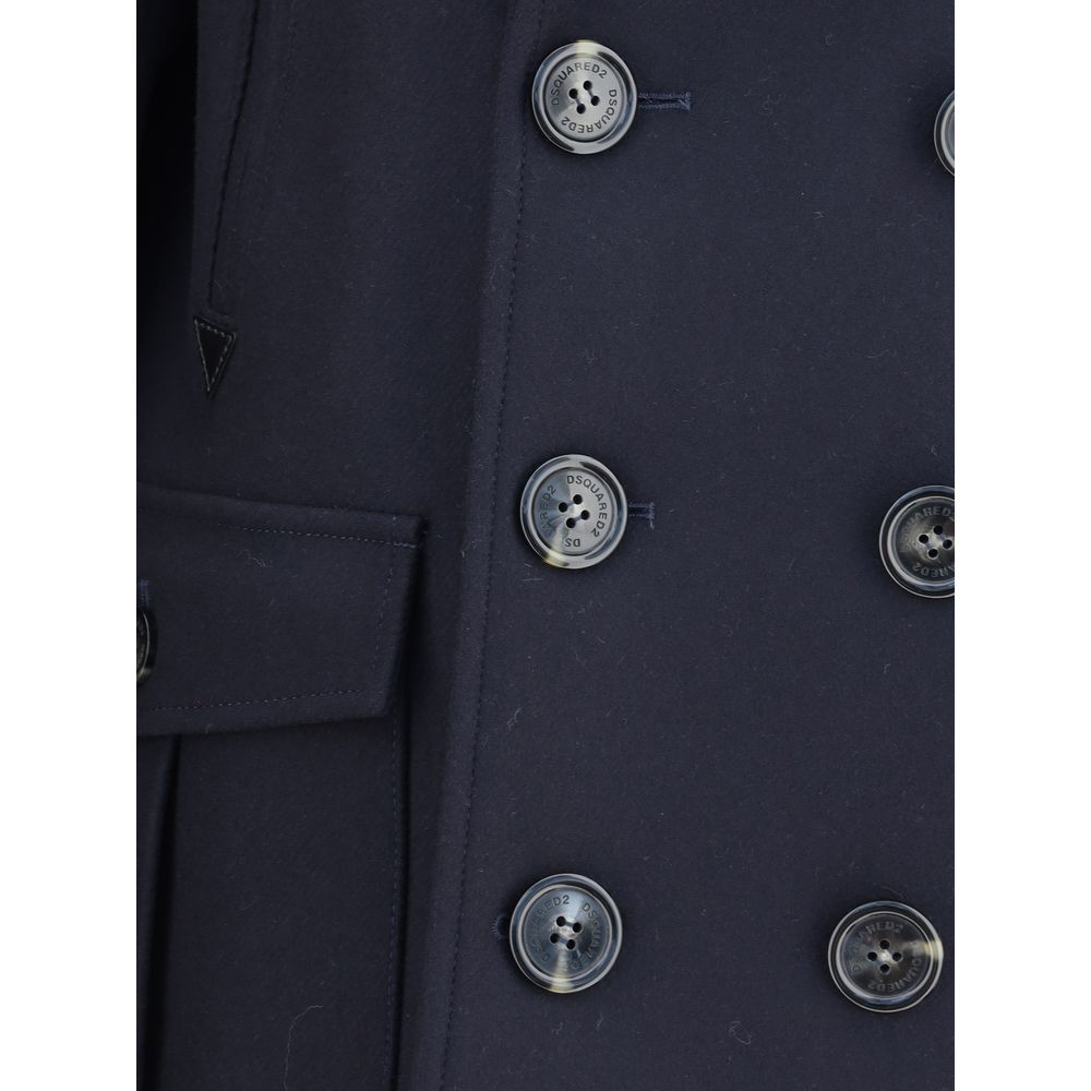 Close-up of button details on a Dsquared² Blue Wool Coat, showcasing double-breasted design and fine craftsmanship.