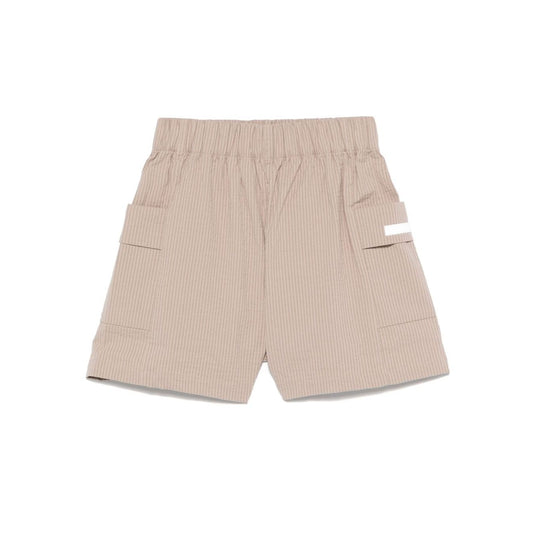 EA7 Shorts Beige with elastic waistband, side patch pockets, logo patch, in desert rat brown cotton.
