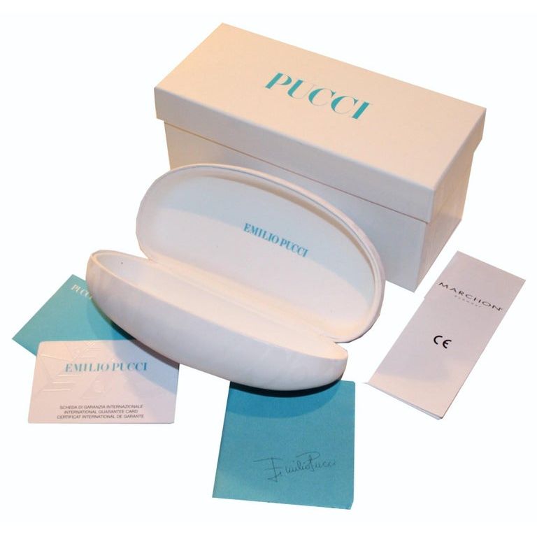 Official packaging for EMILIO PUCCI SUNGLASSES Mod. EP0192 TURQUOISE showcasing case and accessories.