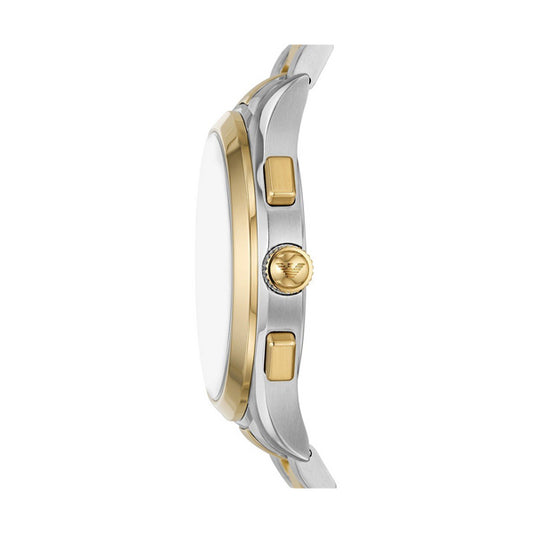 Side view of EMPORIO ARMANI MOD. AR11527 watch with gold SS IP case, mineral dial, and 5 ATM water resistance. Stylish gent's accessory.