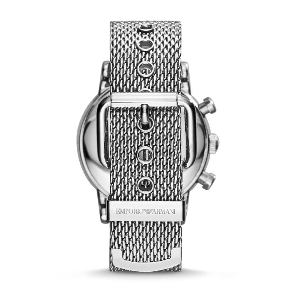 Back view of EMPORIO ARMANI MOD. AR1808 stainless steel chronograph watch with SS bracelet.