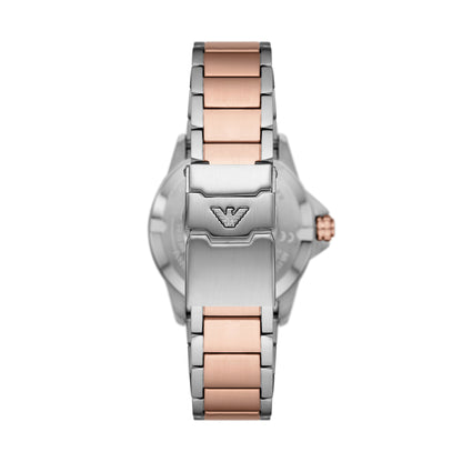 Back view of EMPORIO ARMANI Mod. WORLD EXPLORER - Diver GMT watch showing stainless steel and rose gold bracelet design.