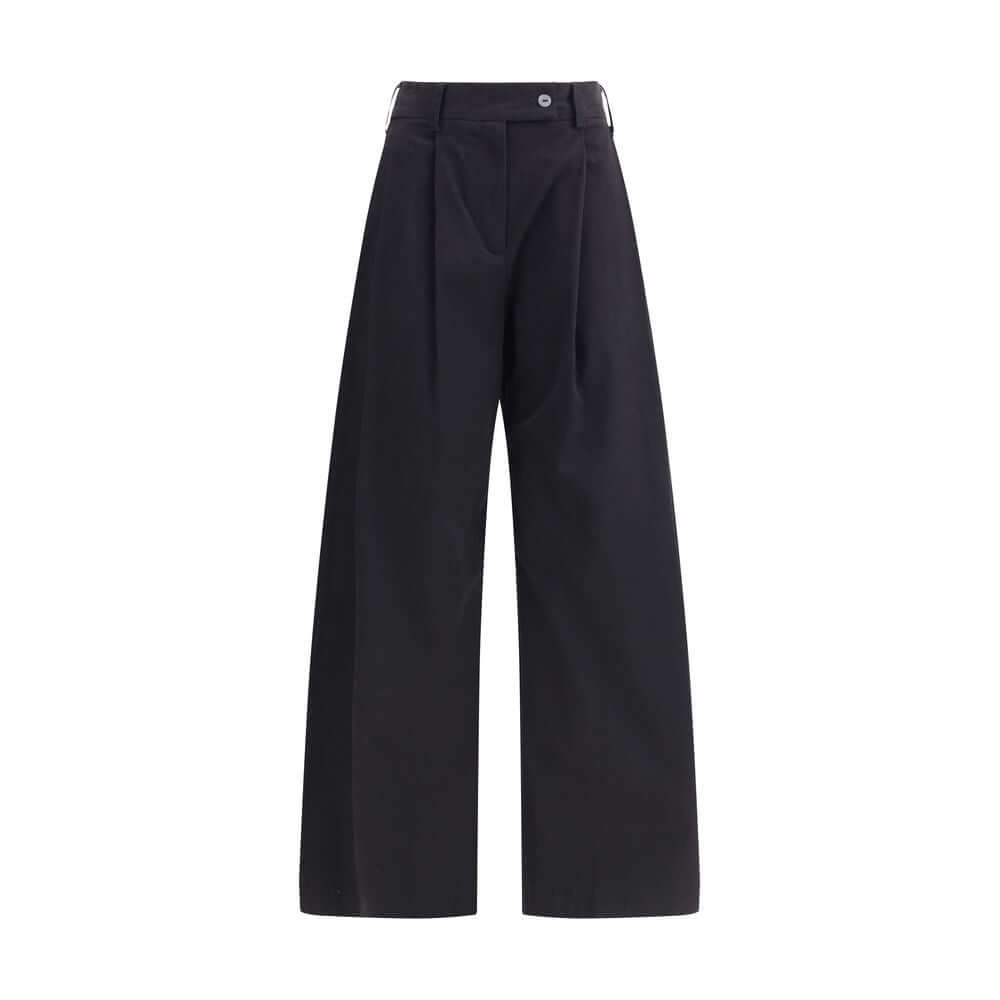 Ella Black Cotton Casual Pants with wide leg, front pleats, and side welt pockets, featuring a regular fit for AW25 season.