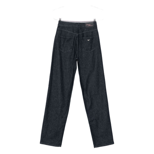 Emporio Armani Jeans Blue wide-leg denim with embroidered logo, five pockets, and straight leg, showcasing the back design.