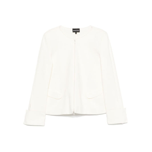 Emporio Armani Ottoman-jersey jacket in white with two-way zip, shoulder pads, side pockets, and press-stud cuffs, cotton blazer.
