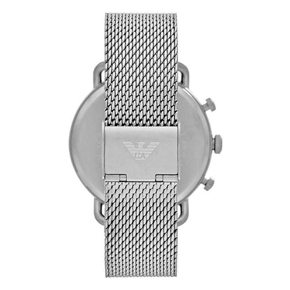 Back view of Emporio Armani Sophisticated Silver Steel Chronograph Watch showcasing the mesh bracelet and clasp.