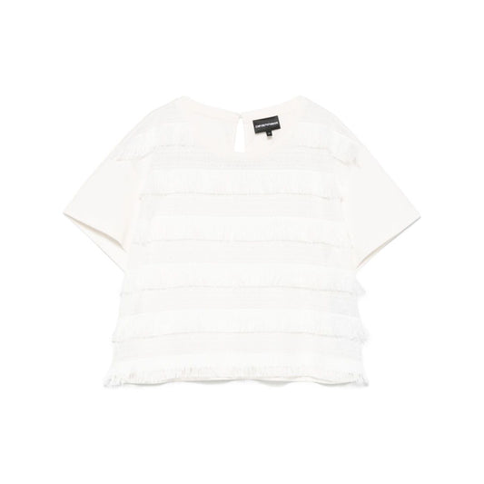 Emporio Armani T-shirt with fringes, white crew neck, short sleeves, embroidered logo, cotton, size S, single rear button fastening.