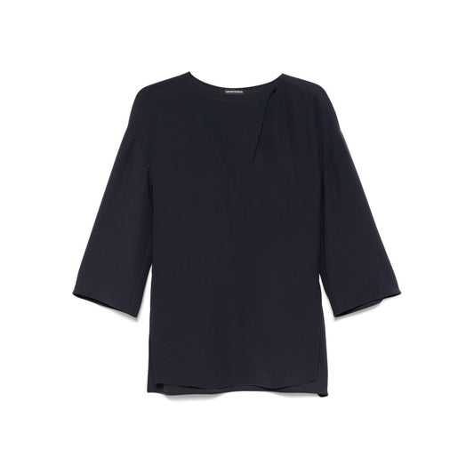 Emporio Armani cady blouse in oxford blue with front button fastening and side slits, drop shoulder design. Fits true to size.
