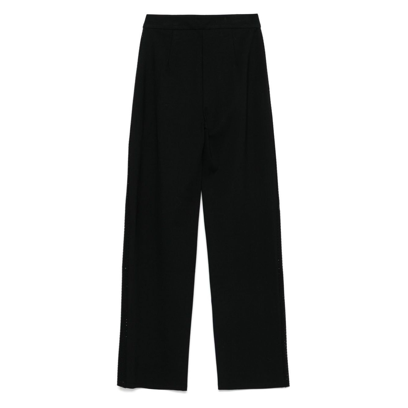 Emporio Armani jersey trousers with bands and micro studs, black wide-leg with concealed fastening, and side slit pockets.