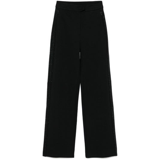 Emporio Armani jersey trousers with bands and micro studs in black, wide leg, side slit pockets, concealed fastening.