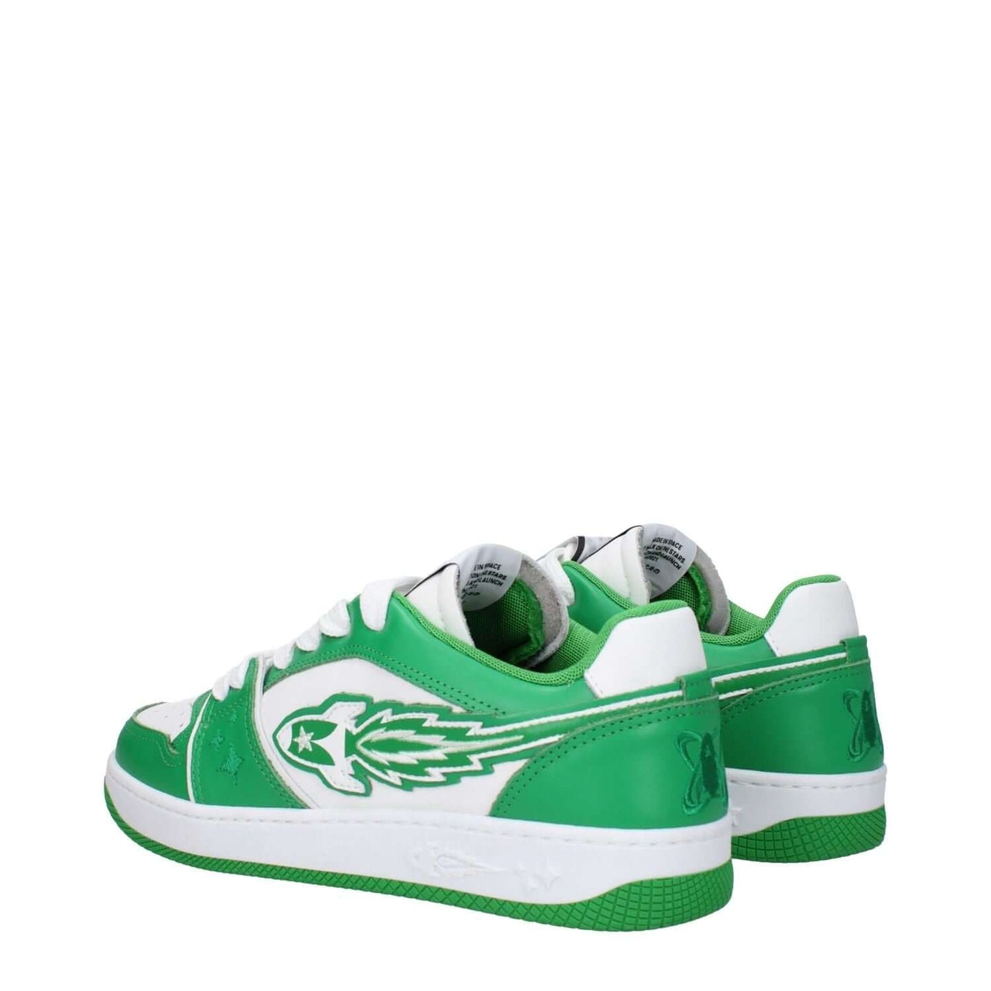 Green and white sneakers showcasing the design details and logo from Enterprise Japan Green Leather Low Top Sneakers.
