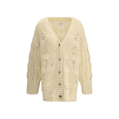 Ermanno Scervino Beige Cashmere Cardigan with perforated design, front button closure, and ribbed cuffs suitable for elegant, modern styling.