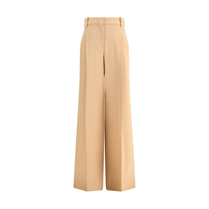 Ermanno Scervino Beige Viscose Casual Pants with wide legs, front darts, zipper and hook closure, belt loops, and side welt pockets.