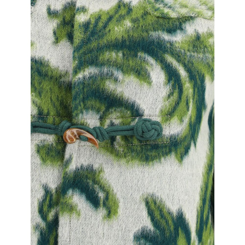 Close-up of Etro Green Wool Coat with patterned carded wool and toggle closure showing intricate design.