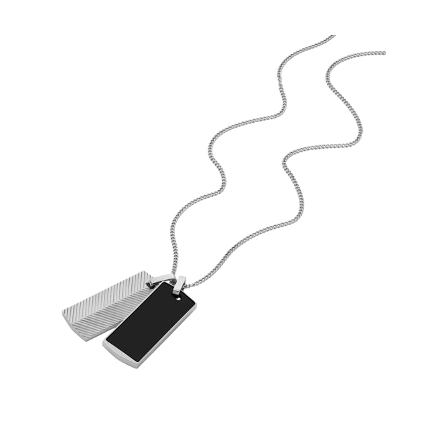 FOSSIL JEWELS JEWELRY Mod. JF04565040 pendant necklace with black and silver dog tags on a silver chain.