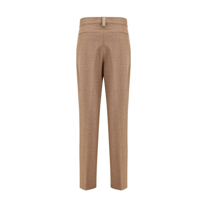 Fabiana Filippi Beige Fleece Wool Dress Pants with Prince of Wales fabric, featuring front darts and diamond loop detail.