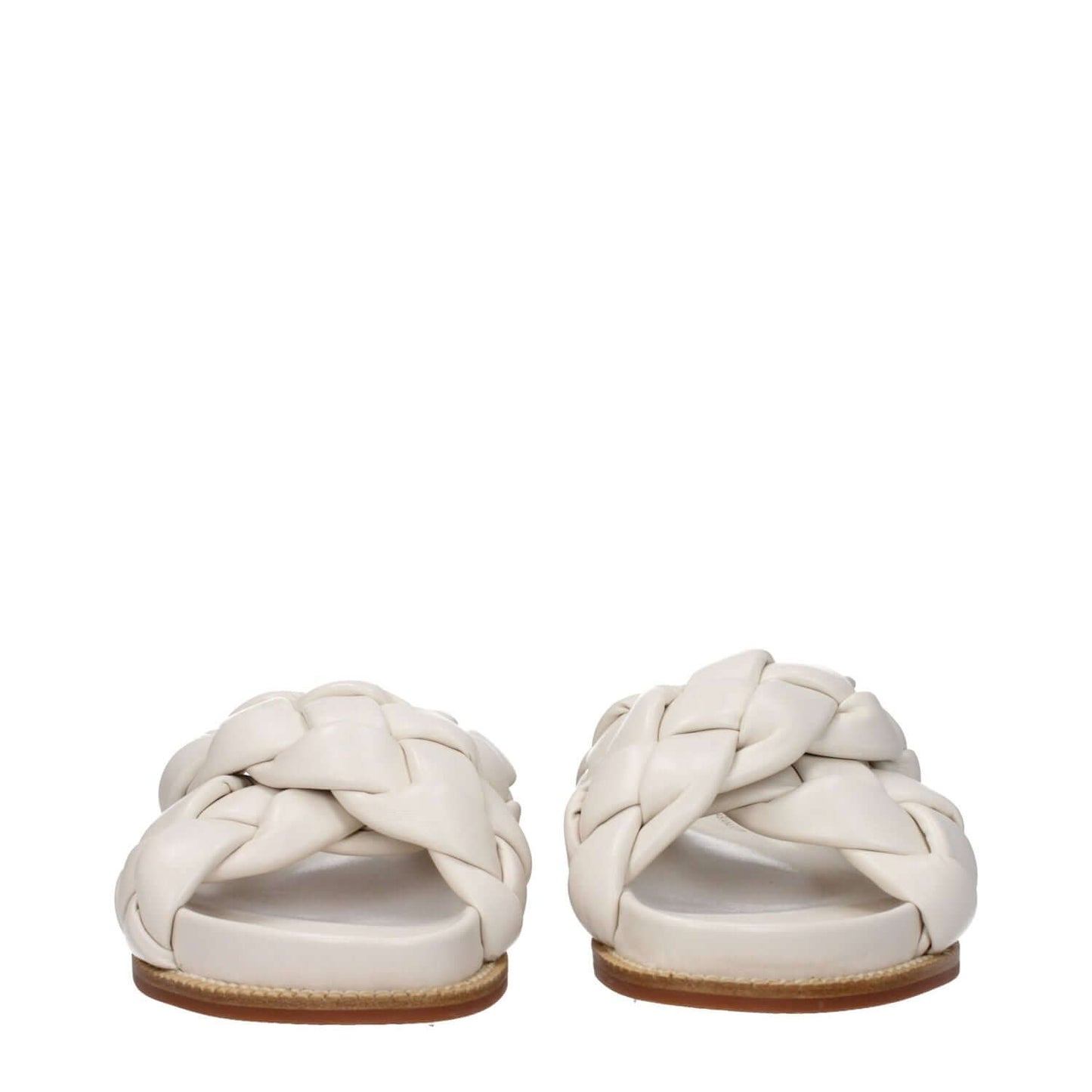Fabiana Filippi Beige Leather Slippers with open toe design and low flat heel, featuring a stylish ivory hue and rubber sole.