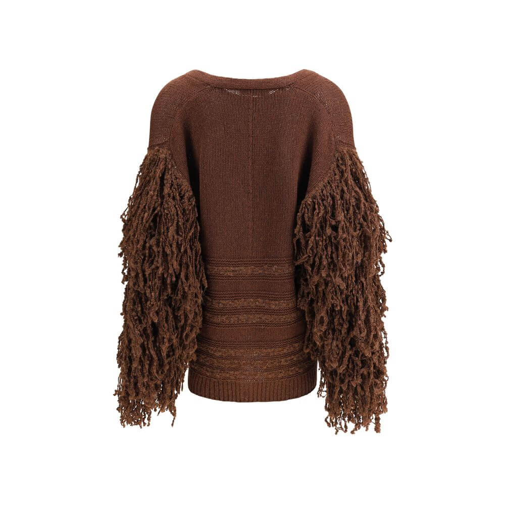 Fabiana Filippi Brown Camel Hair Cardigan with ruffled sleeves and ribbed hem, front view showcasing unique texture.