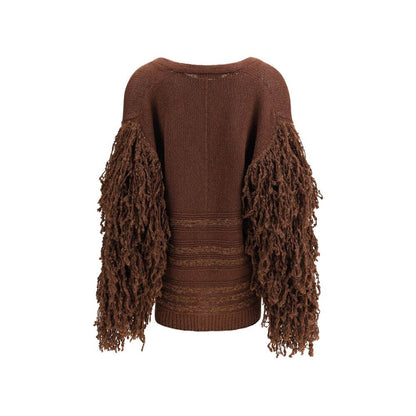 Fabiana Filippi Brown Camel Hair Cardigan with ruffled sleeves and ribbed hem, front view showcasing unique texture.